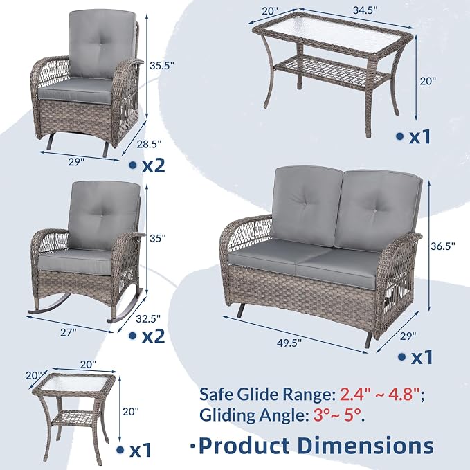 7-Piece Wicker Patio Furniture Sets Outdoor All-Weather Rattan Conversation Set Includes Glider Loveseat, 2 Glass-Top Coffee Tables, 2 Glider-Rocker Chairs for Porch Backyard, Gray