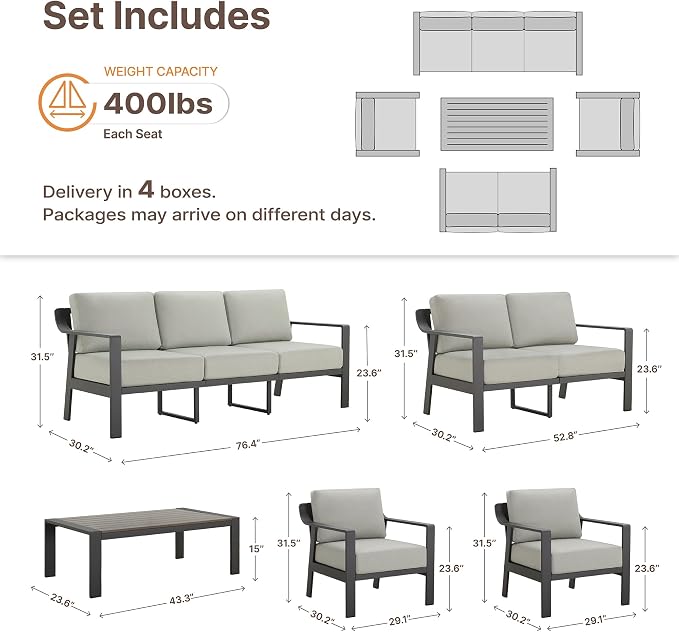 KISLOT Aluminum Outdoor Patio Furniture Set with Coffee Table,6 Seater Patio Conversation Sets with Washable Thick Cushions,Outdoor Sectional Furniture Set for Poolside, Balcony,Gray Aluminum Frame