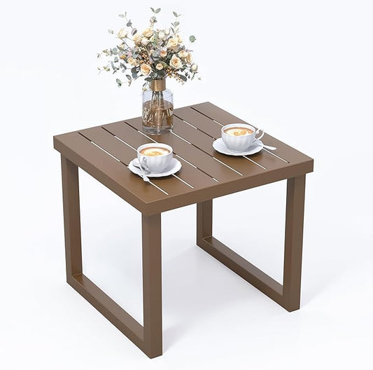 20" Aluminum Outdoor Side Table with Tapered Legs, Square Patio End Table with Geometric Slatted Top, All-Weather Coffee Table for Garden, Deck and Porch, Brown