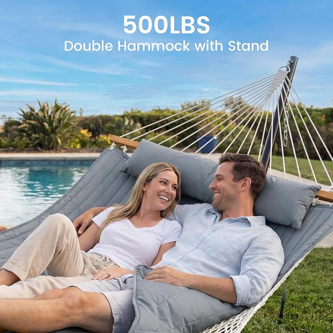 ANAGOO Double Hammock with Stand – Portable Cotton Rope Hammock with Removable Quilted Pad & Pillow, Adjustable Steel Frame for Patio, Backyard, Garden, Park, Camping & Outdoor Relaxation – Gray
