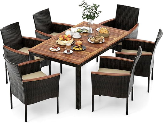 S AFSTAR 7 Piece Patio Dining Set, PE Rattan Outdoor Dining Furniture Set for 6 with Stackable Chairs & Acacia Wood Table, 1.96'' Umbrella Hole, Outdoor Table and Chairs for Backyard, Deck, Garden