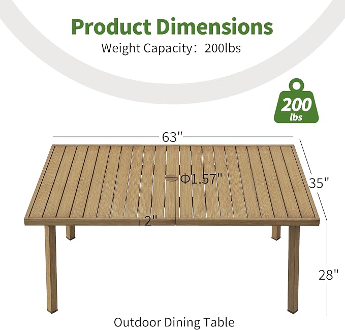 63"x35" Never-Rust Aluminum Outdoor Dining Table – Rectangular Patio Table for 6 with Umbrella Hole, Heavy Duty All-Weather for Poolside, Garden, Backyard, Porch, Deck, Teak