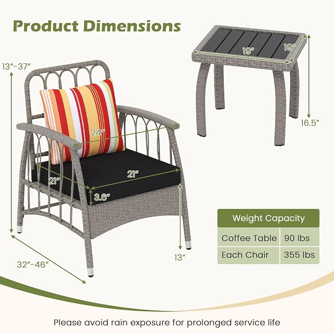Tangkula 3 Pieces Patio Wicker Furniture Set, 5-Level Adjustable Backrest Cushioned Outdoor Conversation Bistro Chairs and Coffee Table Set, for Lawn, Garden, Poolside and Balcony (Mix Grey)
