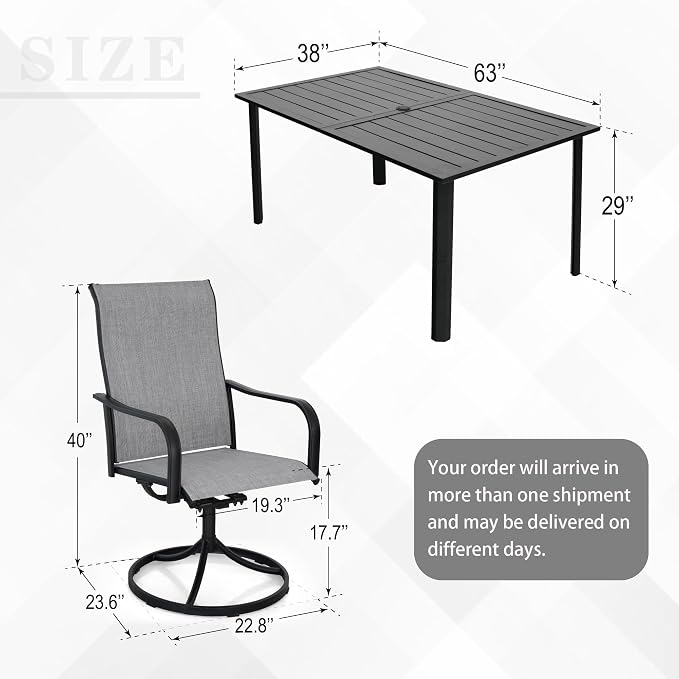 Anmutig 7-Piece Outdoor Patio Dining Set with 6 Swivel Chairs, Outdoor Furniture Steel Frame Slat Rectangular Table with 1.57" Umbrella Hole for Backyard, Grey