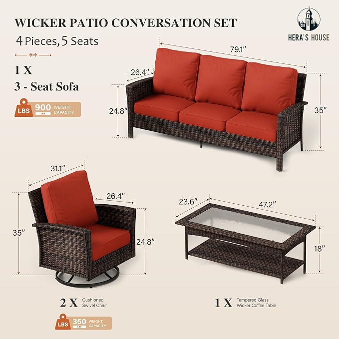HERA'S HOUSE Patio Furniture Set with High Back Swivel Chairs, 4 Pieces Outdoor Wicker Rattan Conversation Sofa Sets with 5.5" Waterproof Thick Cushions for Deck Lawn Yard
