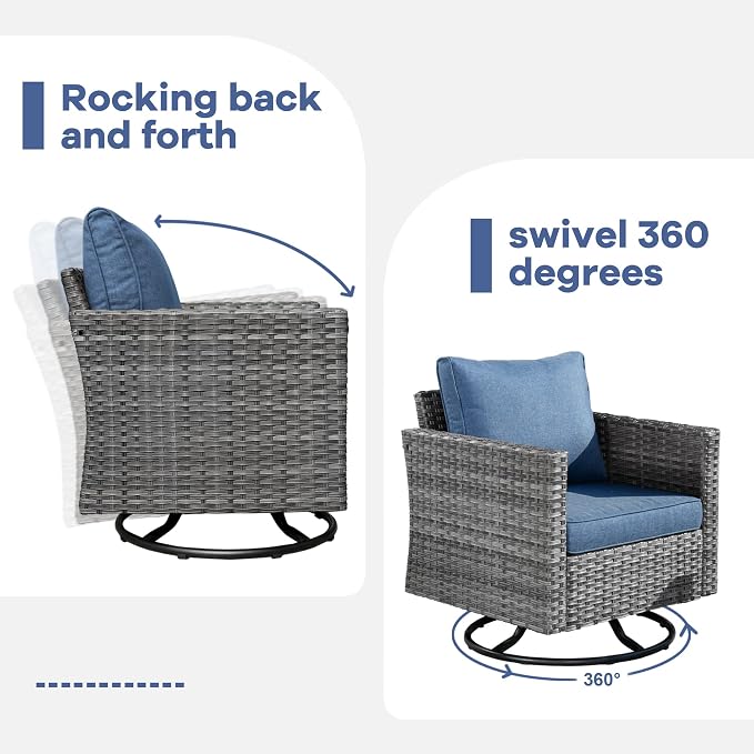 HOOOWOOO 8 Piece Patio Sectional Furniture Set with Swivel Rocking Chairs,Modern Wicker Outdoor Conversation Sofa Sets,Weather Resistant Modular L Shaped Outside Couch Set(Denime Blue)