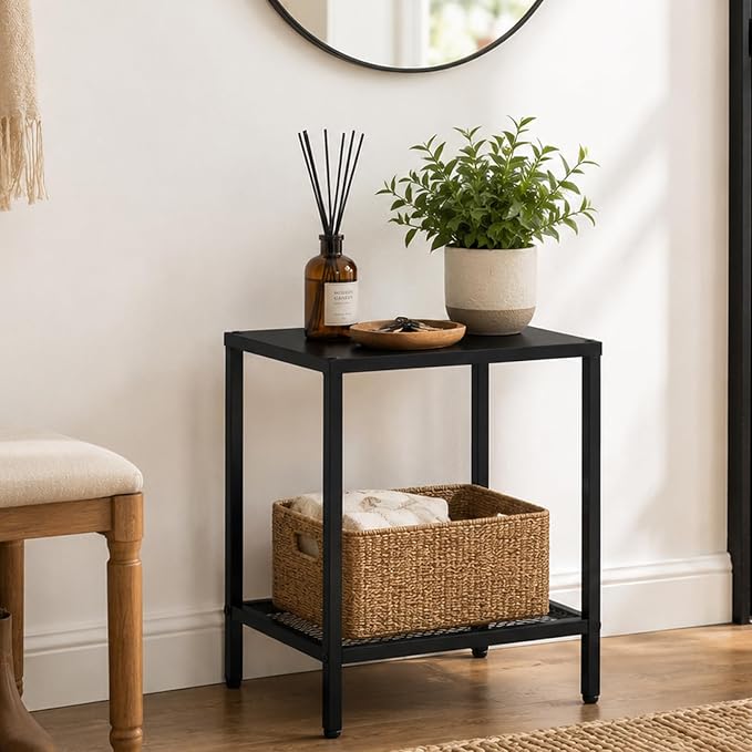 2-Tier Metal Side Table Small Rectangle End Table with Storage Shelf Indoor Outdoor Accent Table Small Space Nightstand Plant Stand for Living Room Bedroom Patio Balcony, Black