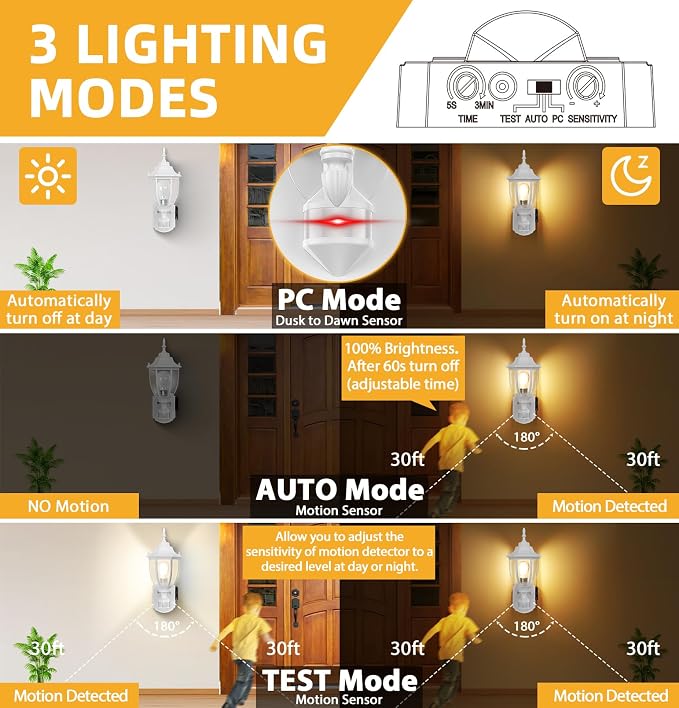 Porch Light with Outlet, Motion Sensor Outdoor Lights, Updated Dusk to Dawn Exterior Lighting Fixtures, Waterproof Anti-Rust Aluminum Outside Lights for House Entryway Garage, White