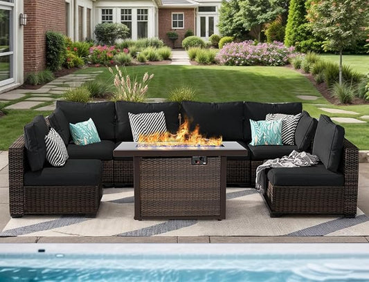 Patio Furniture Set 7 Pieces with 44" Fire Pit Table, Rattan Outdoor Sectional Conversation Sets, All Weather Outdoor Furniture Set with Cushions for Garden Lawn Balcony Porch Deck Black