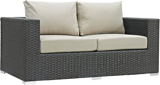 Modway Sojourn Wicker Rattan 8 Piece Outdoor Patio Sunbrella Sectional Set in Canvas Antique Beige