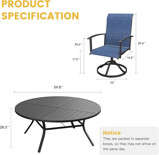 VICLLAX Outdoor Table and Chairs Set of 8, Metal Patio Dining Set-59.9" Round Dining Table and 8 Swivel Chairs for Deck, Lawn and Garden, Black Table and Blue Chairs