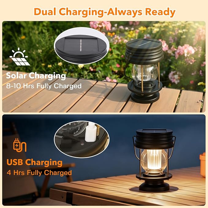 Solar Lanterns Outdoor Hanging Lights Patio Decor, Upgraded Dual Solar & USB Charging, Adjustable Light Sensor, Retro Decorative Table Lamp Waterproof, Indoor Outdoor Garden Patio Yard Decoration