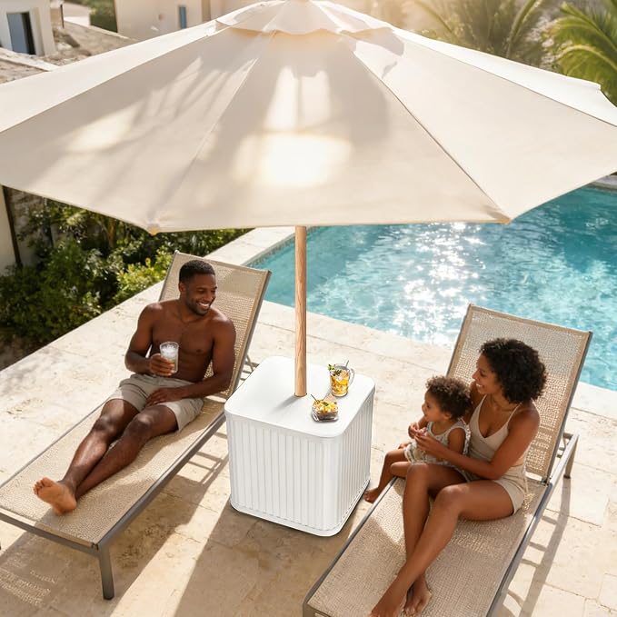 Umbrella Side Table - Hyperzoo Outdoor Patio Table with Umbrella Hole, Heavy Duty Plastic Poolside Table Holds 132 lbs with Water Filled Base, Fits ≤1.5”Umbrella Pole for Poolside & Backyard, White