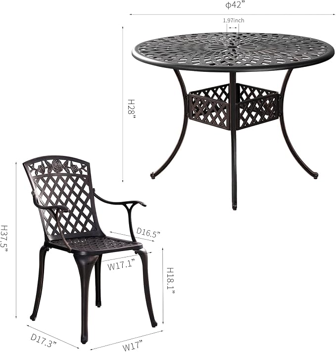 5 Pieces Outdoor Patio Dining Set, Cast Aluminium Patio Furniture Set with 4 Chairs Round Table, Anti Rust Outdoor Dining Set with 1.97" Umbrella Hole for Garden, Porch and Poolside, Bronze