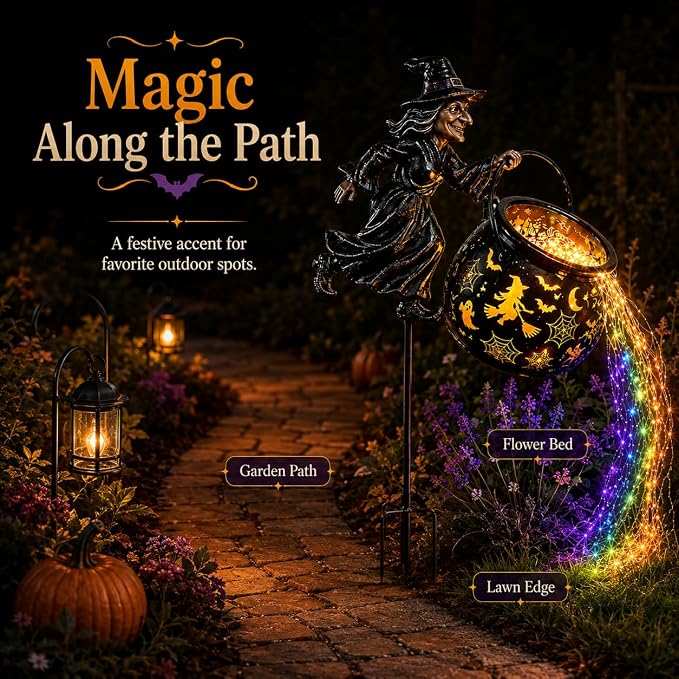 Halloween Witch Cauldron Garden Light,Colorful Flowing Waterfall LED Stake with Flying Witch Projector for Outdoor Yard Lawn Patio Pathway Decor