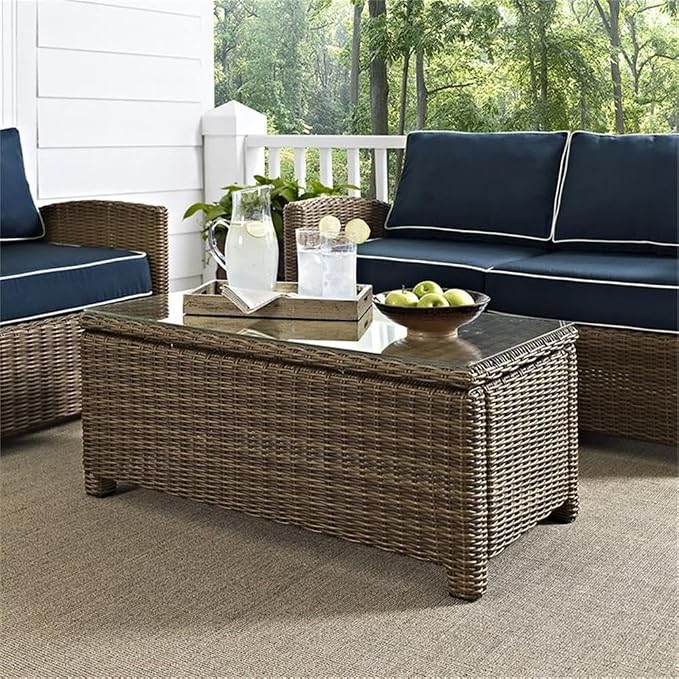 Afuera Living 40" Outdoor Glass Top Wicker Coffee Table, Brown Finish, Durable Steel Frame, UV-Resistant All-Weather Resin Wicker, Tempered Glass, Stylish Patio Furniture for Outdoor Entertaining