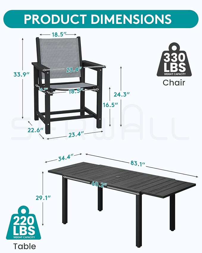 SERWALL Outdoor Dining Chairs Set of 2, Black | All-Weather HDPE and Patio Textilene Chairs Suitable for Outdoor Dining Table