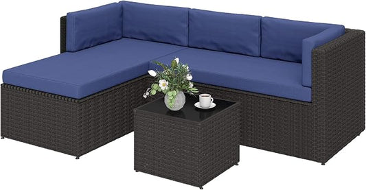 Outsunny 3 Piece Patio Furniture Set, Wicker Rattan Outdoor Patio Conversation Furniture Set with Cushions, Glass Top Coffee Table, Deep Seating for Garden, Backyard, Porch, Navy Blue