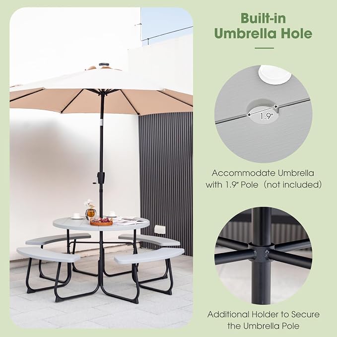 Giantex Picnic Table Set for Up to 8 Persons, Round Outdoor Table and Bench Set with Umbrella Hole, HDPE Top & Metal Frame, 2000LBS Capacity, Patio Table Bench for Deck Backyard Garden (Gray)