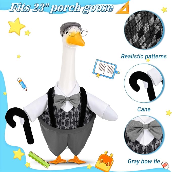 Old Man Goose Outfits Porch Goose Clothes Fits 23" Cement Plastic Goose Statue Grandpa Goose Outfit with Wig Glasses Pearl Necklace for School Outdoor Garden Lawn Yard Patio Art Decor (Style2)