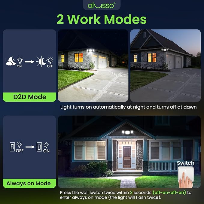 ALUSSO Dusk to Dawn Outdoor Lighting Hardwired(Not Solar), Flood Lights Outdoor 120V 40W 4000LM, 3CCT 3000K/4000K/6000K 3 Heads Security Light for Garage Yard Walkway, ETL, Dusk to Dawn Black, 2pack
