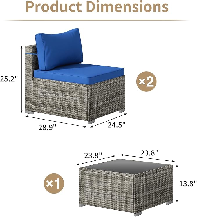 Tradare 3 Piece Patio Furniture Set, Outdoor Wicker Patio Sofa Set, PE Rattan Sectional Couch with Glass Table and Blue Cushions, All-Weather 3 Piece Outdoor Patio Furniture Sets, Grey