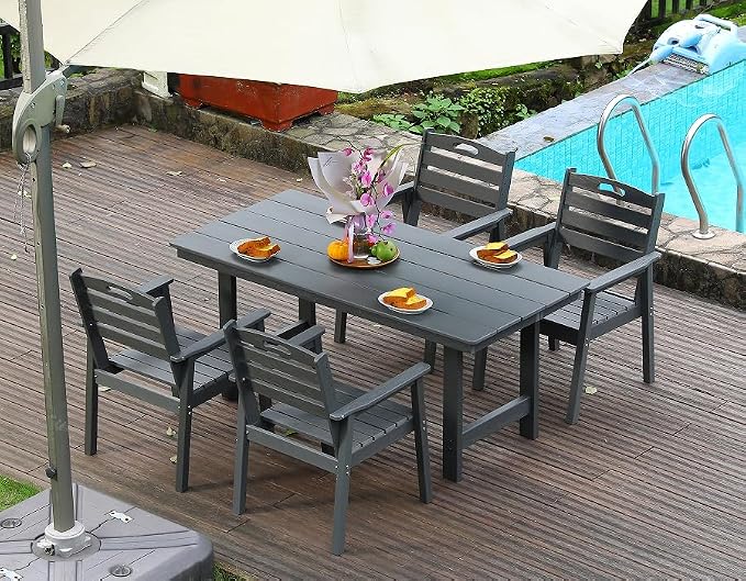 KEIKI 66.9" HDPE Outdoor Table, All Weather Patio Table with Umbrella Hole, Waterproof & Fade Resistant, Wood Grain Finish, Easy Assembly Patio Furniture for Garden Balcony Poolside Backyard, Grey