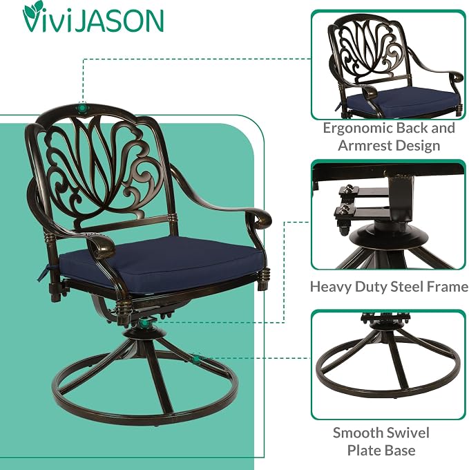 VIVIJASON 9-Piece Patio Dining Set, Rust-Free Cast Aluminum Outdoor Conversation Set, Includes 8 Swivel Dining Chairs & 61" Round Dining Table with 31" Lazy Susan, Umbrella Hole, Navy Blue