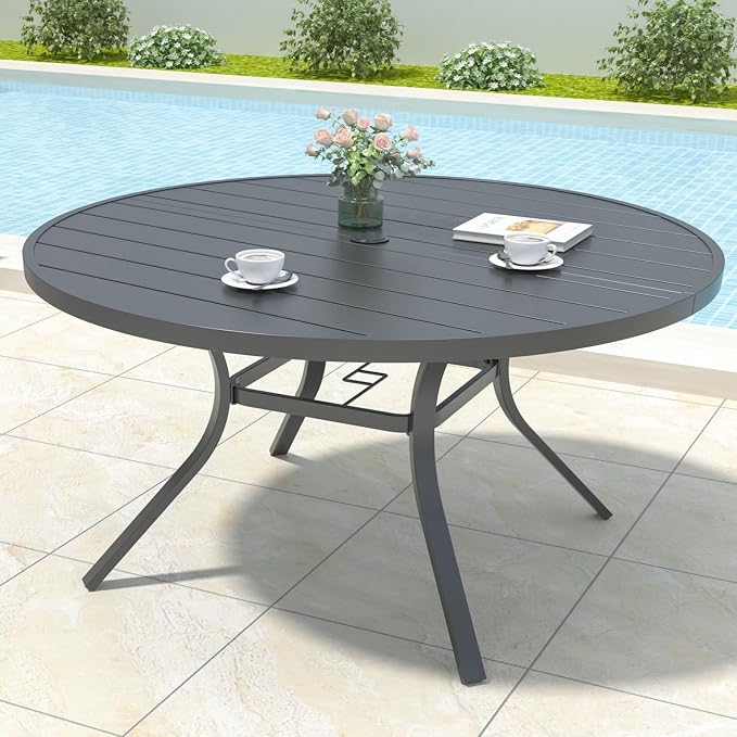 Anmutig Round Outdoor Dining Table, 48 Inch All-Weather Patio Table with Adjustable Umbrella Hole for Deck Lawn Garden Backyard Balcony Deck, Black Metal Frame Slatted Tabletop