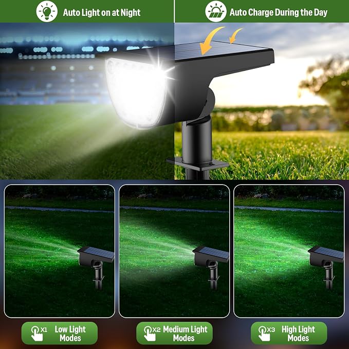 GKGG Solar Lights Outdoor Waterproof IP65, Solar Powered 76 LED 3 Lighting Modes Solar Spot Lights Outdoor for Yard Garden Landscape Pathway (Cool White, 6 Pack)