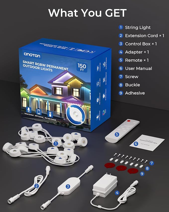 CINOTON Permanent Outdoor Lights 150ft, Smart RGBW+IC Eaves Lights with 90LEDs, IP67 Waterproof, 111 Scene Modes for Daily and Festival, Halloween Christmas Holiday Decor, APP/Voice/Remote Control