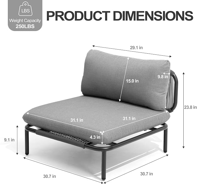 Ourdoor Furniture Set, Patio Furniture Oversized Metal Single Sofa, 6-seat Conversation Set with Cushion for Indoor and Outdoor, Black Frame and Dark Grey Mat (6 Seats 6 Armrests)