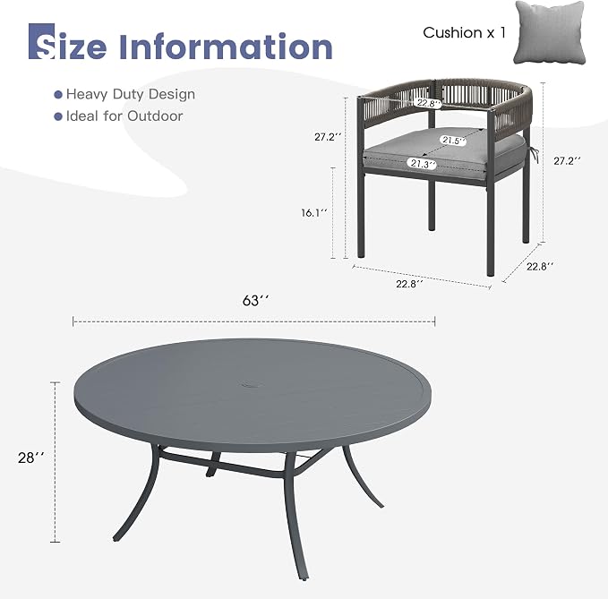 VICLLAX Patio Dining Set, 63" Dark Grey Table & 6 Chairs with Grey Cushion | Outdoor Table and Chairs Set of Round Metal Patio Table, Outdoor Dining Chairs with Metal Frame, Garden Deck Porch