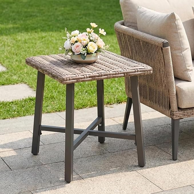 Rattan Side Table for Outdoor, Small Patio Table & Balcony End Table with Handwoven Wicker Design, Compact Square Accent Table for Porch Garden Deck