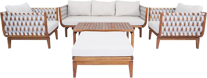 Merax 5 Piece Rope Woven Paito Conversation Set, Outdoor All-Weather Acacia Wood 3-Seater Sofa, Armchair with Cushions,2 Ottomans, 1 Coffee Table for Porch, Lawn, Backyard, Balcon, Teak+ Beige
