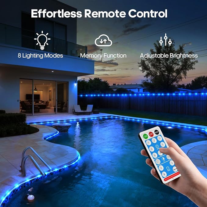 ICRGB Solar Pool Lights, 66FT 200LED 1800mAh Solar Rope Lights (Blue) | Type C & Solar, With Remote, Waterproof, Timing, 8 Modes, for Above Ground Pool Garden Patio Fence Walkway Christmas