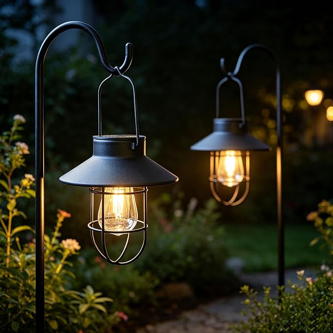 Solar Lantern 2pack Outdoor Hanging Light- Waterproof Vintage Metal Light with Shepherd Hook Decorative for Patio, Backyard, Porch, Yard (Black)