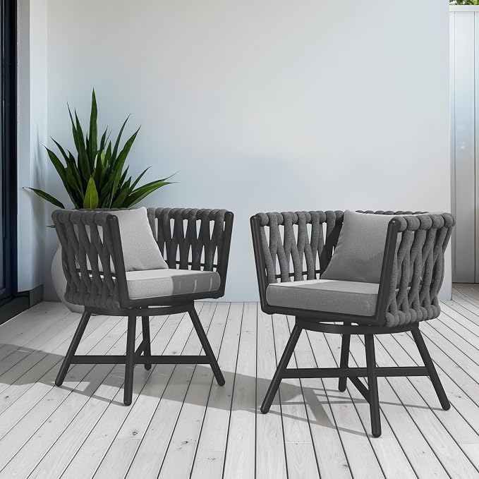 Grand patio Swivel Dining Chairs Set of 2, Rope Patio Outdoor Chairs with Cushions, Heavy Duty Outdoor Patio Bistro Chairs for Lawn,Garden,Deck,Backyard,Porch and Balcony, Light Gray