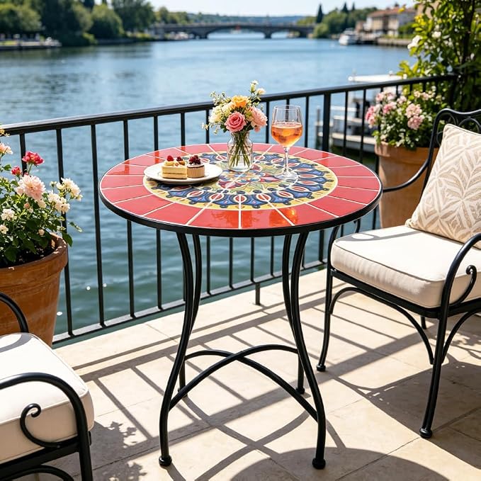 24 Inch Mosaic Patio Round Side Table with X-Curved Legs Indoor and Outdoor Accent End Table for Yard, Garden, Living Room, Bistro, B - Red Mandala