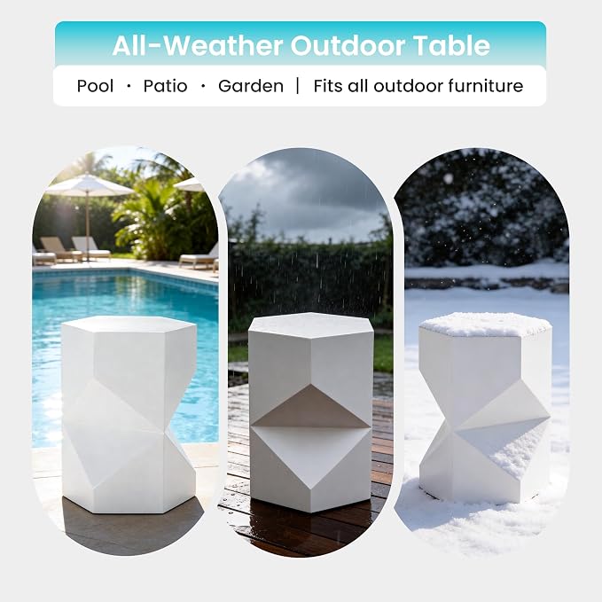 COSIEST MgO Concrete Side Table, 18 Inch Hexagonal Geometric Outdoor End Accent Table, All-Weather Patio Garden Stool, Modern Plant Stand & Coffee Table for Balcony Backyard, White, 1 Pack