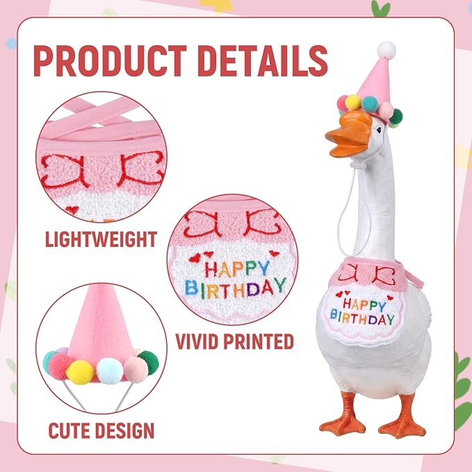 Jmkcoz Birthday Porch Goose Outfits Lawn Goose Statue Costume with Party Hat Bandana for 23" 17" Cement Plastic Statue Patio Yard Garden Outdoor Decor (Pink)