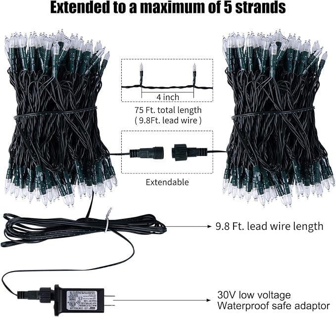 Minetom LED Christmas Mini Lights, 75 Feet 200 LED Clear Bulbs String Lights with 8 Light Modes, Connectable Fairy Lights Plug in for Outdoor Xmas Trees Garland Wreath Holiday Decorations, Warm White | 8 Light Modes, Connectable, Mini Bulbs, Outdoor In...