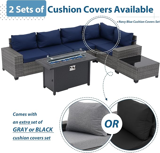 JOIVI 7 Pieces Outdoor Patio Furniture Set with 45” 50000BTU Fire Pit Table, Rattan Patio Conversation Set with Coffee Table, L-Shaped Sectional Sofa and Propane Fire Pit Set, Navy Blue