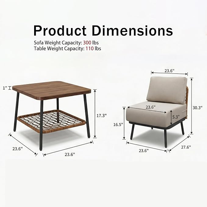 3-Piece Patio Conversation Set, Outdoor Sectional Sofa Wicker Furniture with Thick Cushions & Wood Grain Coffee Table, Small Patio Furniture for Balcony Porch