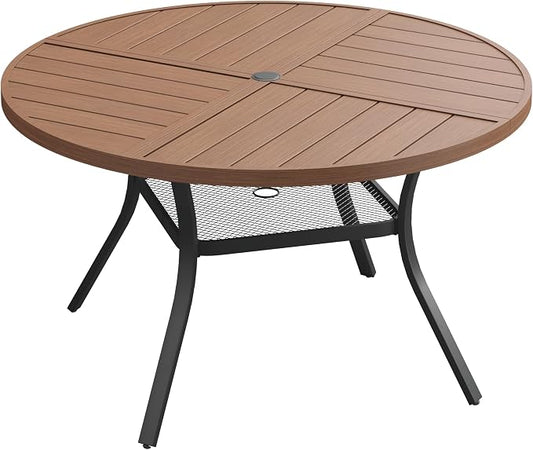 VICLLAX 47.2" Round Patio Dining Table for 4-6, All Weather Metal Outdoor Table with 1.57" Umbrella Hole and Storage Shelf for Garden Lawn Deck, Walnut