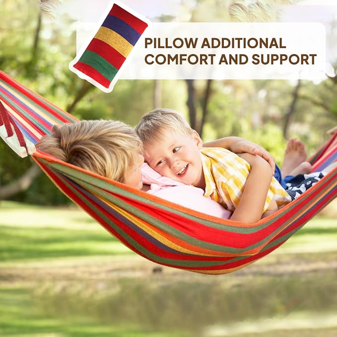 Chihee Cotton Hammock Holds Up to 660lbs Fabric Hammock 8.9x4.9ft Soft Portable Tree Hammocks Camping with Detachable Spreader Bar Pillow 2 Strong Webbings 2 Carabiners Indoor Outdoor Backyard Garden