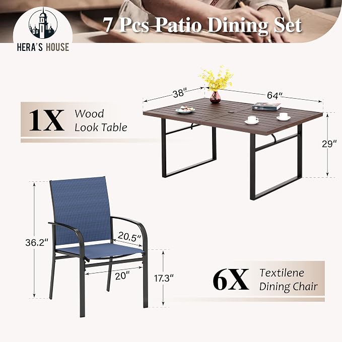 HERA'S HOUSE 7pc Outdoor Patio Dining Set, Wood-Look Metal Table, Blue | 6 textilene chairs, 64" rectangular table with umbrella hole. Waterproof, rust-resistant, all-weather for yard, porch