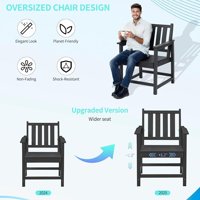 All-Weather Outdoor Chairs, 2-Piece Patio Dining Chairs with Backrest and Armrest, 300 lbs Support HDPE Dining Chair Furniture for Garden, Deck, Porch, Black