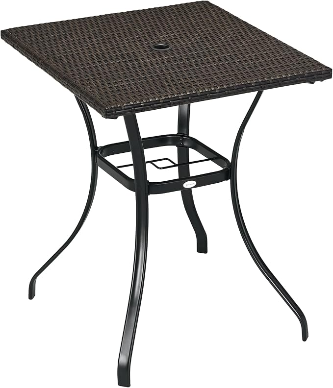 Outsunny Patio Wicker Dining Table with Umbrella Hole, 34 Inch Outdoor PE Rattan Coffee Table with Plastic Board Under The Woven Table Top for Patio, Garden, Balcony, Mixed Brown