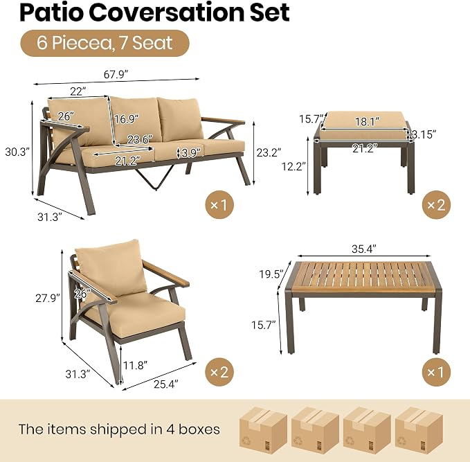 JIVOIT Outdoor Patio Furniture Set, 6-Piece Steel Frame Sofa Set with Acacia Wood Coffee Table, 3-Seat Couch, 2 Armchairs, 2 Ottomans, Cushioned Seating for Backyard, Garden, Poolside (Brown/51)